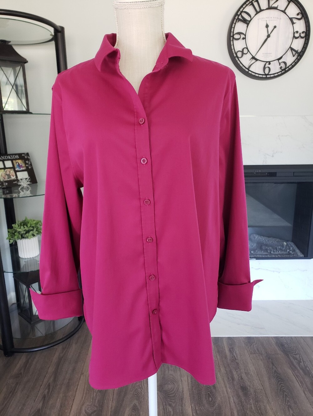 Chicos No Iron Chic Stretch Button Blouse Chico's 3.5 US 18 XL Raspberry Fuchsia
